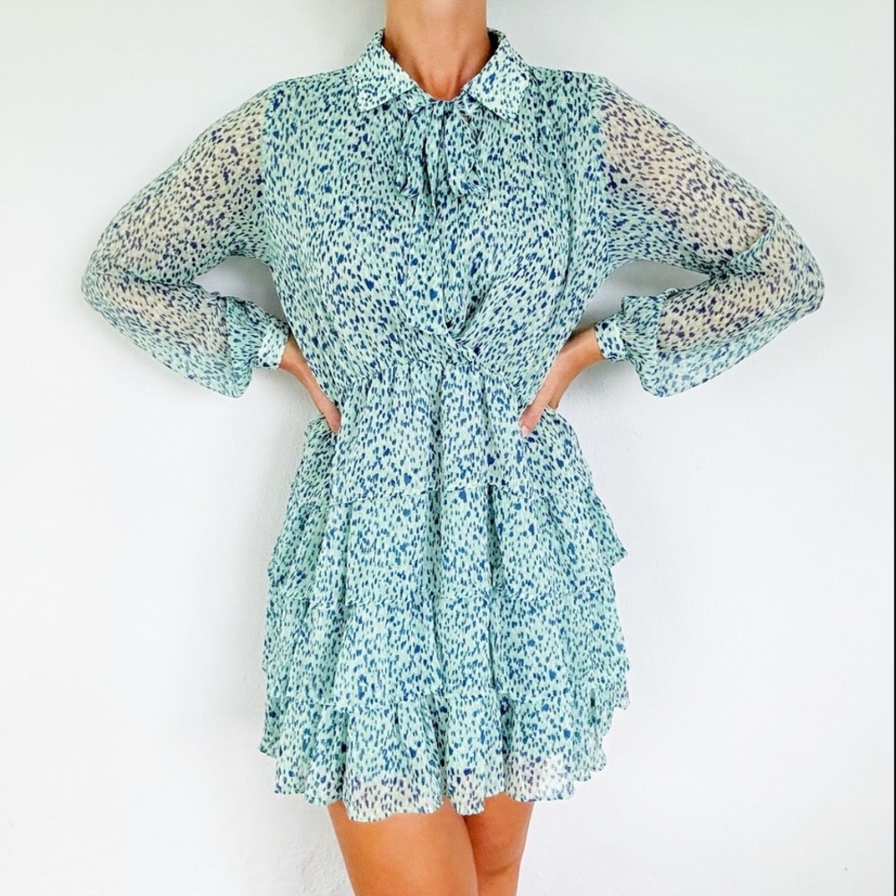 ZARA light blue abstract dot tie neck long sleeve chiffon mini dress size small
